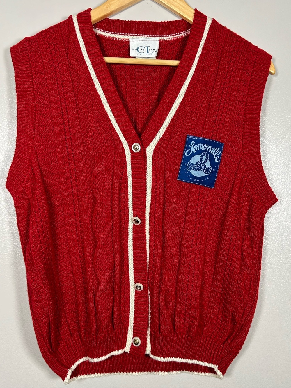 Vintage Cricket Lane Red Cable Knit Sweater Vest Somerville MA Patch USA